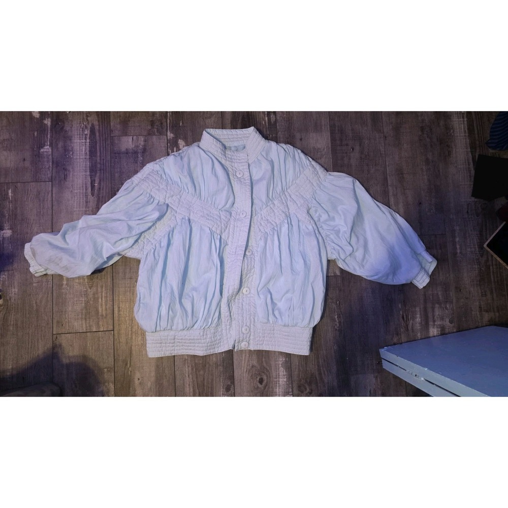 Vtg 80s Abraxas Women Crepe Pleated Windbreaker Jacket Large Blue Puff‎ Sleeves - Picture 2 of 8